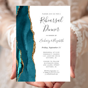 Modern Teal Gold Agate Wedding Rehearsal Dinner Invitation