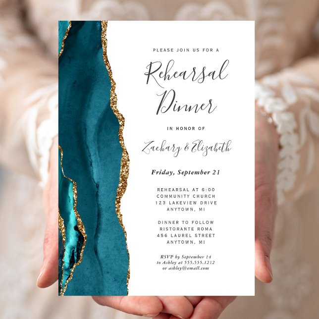 Modern Teal Gold Agate Wedding Rehearsal Dinner Invitation (Creator Uploaded)