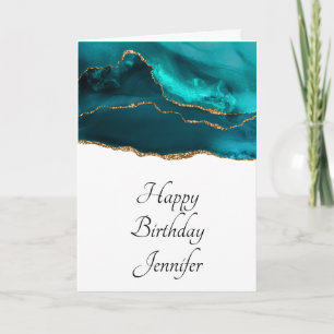 Modern Teal & Gold Agate with White Birthday Card