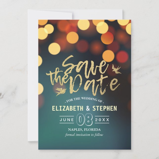 Modern Teal Gold Bokeh Light Wedding Save The Date (Front)