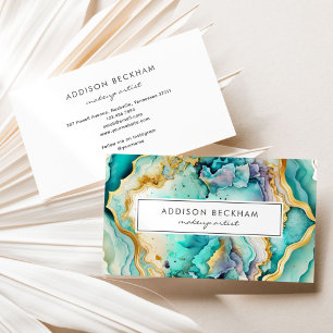 Modern Teal Gold Colorful Abstract Watercolor Business Card