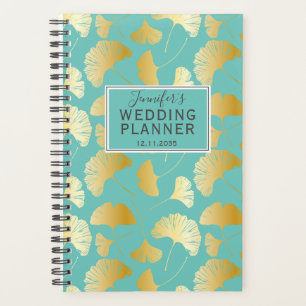 Modern Teal Gold Ginkgo Pattern Wedding Planner