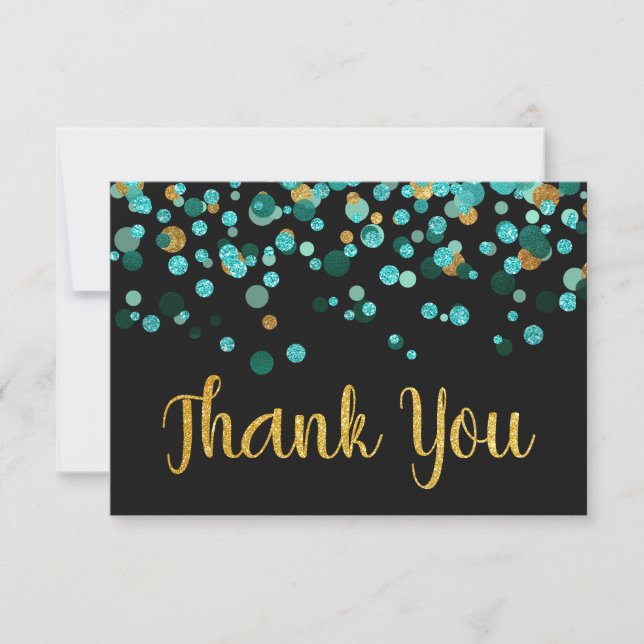 Modern Teal Gold Glitter Confetti Black Thank You (Front)