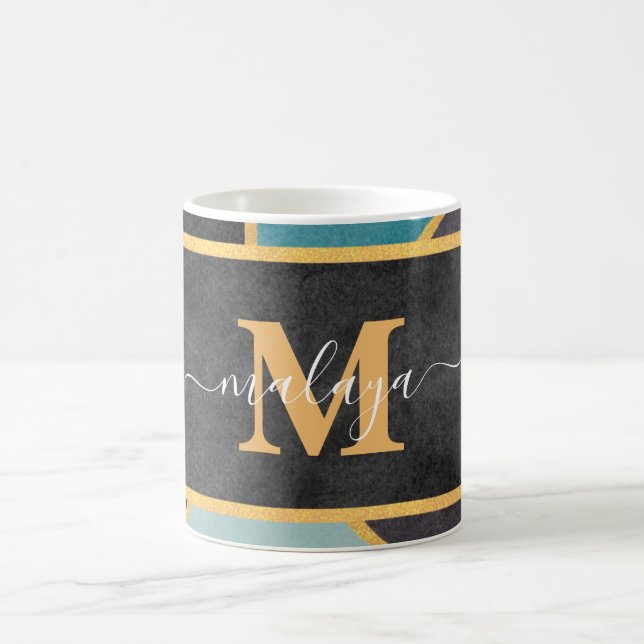 Modern Teal Gold Line Monogram Coffee Mug (Center)