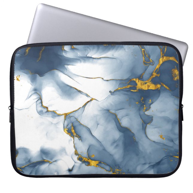 Modern Teal-Gold Marble Background Laptop Sleeve (Front)