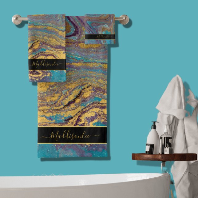 Modern Teal Gold Purple Marble Agate Monogram Name Bath Towel Set (Creator Uploaded)