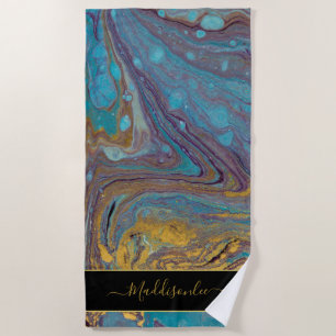 Modern Teal Gold Purple Marble Agate Monogram Name Beach Towel