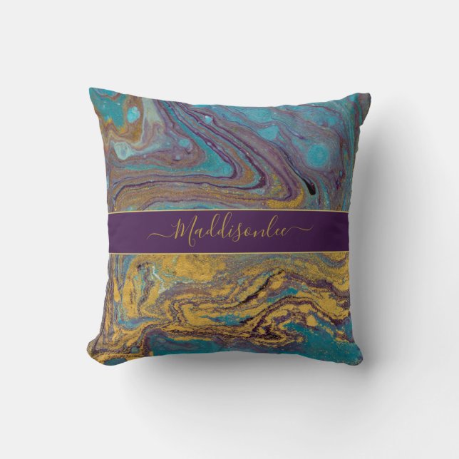 Modern Teal Gold Purple Marble Agate Monogram Name Throw Pillow (Front)