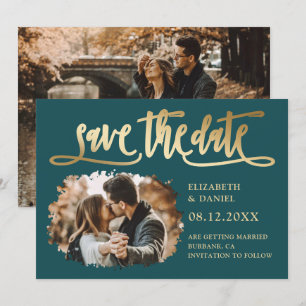 Modern Teal Gold Wedding Photo Save The Date