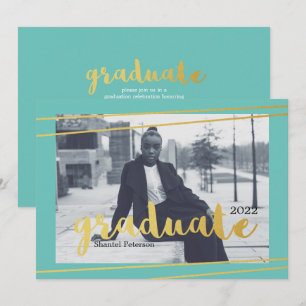 Modern Teal, Gold, & White Graduate Invitations