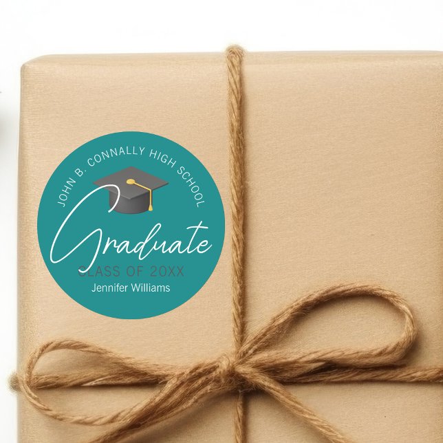 Modern Teal Graduate Custom Graduation Party Classic Round Sticker (Creator Uploaded)