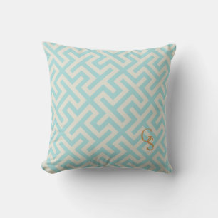 Modern teal greek key geometric patterns monogram throw pillow