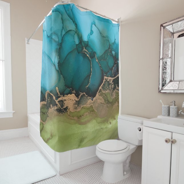 Modern Teal Green Black Gold Shower Curtain (In Situ)
