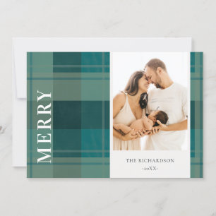 Modern Teal Green Blue Plaid Photo Merry Christmas Holiday Card
