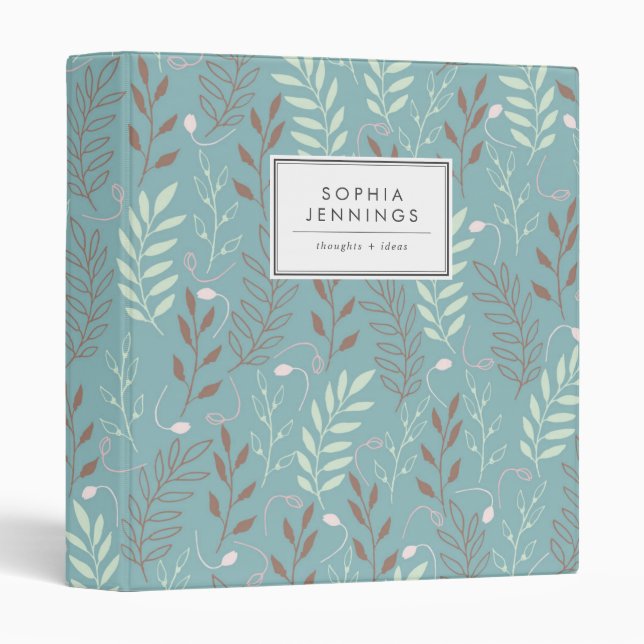 Modern Teal Green Brown Floral Botanical Leaves Binder (Front/Spine)