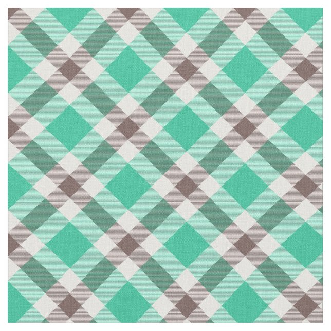 Modern Teal Green Brown Plaid Pattern Fabric (Close Up)