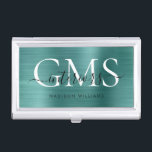 Modern Teal Green Brushed Metal 3 Monogram Script Business Card Holder<br><div class="desc">Modern Elegant Teal Green Brushed Metal Monogram Script Business Card Case</div>