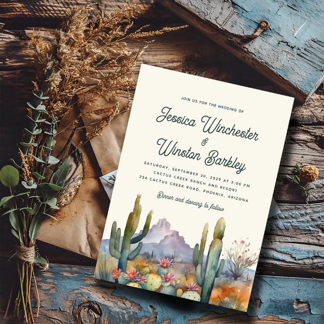 Modern Teal Green Desert Cactus Landscape Wedding  Invitation (Creator Uploaded)