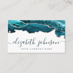Modern Teal Green Silver Glitter Agate Marble Business Card