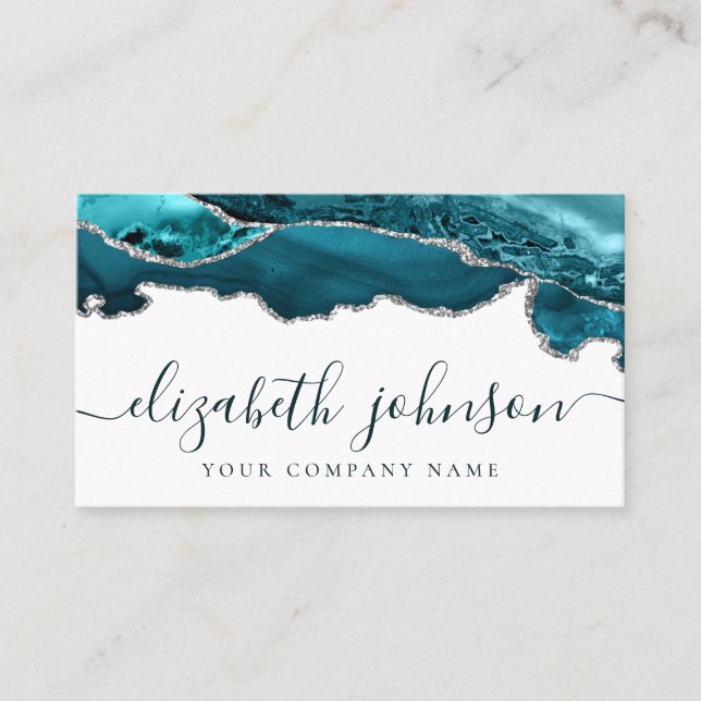Modern Teal Green Silver Glitter Agate Marble Business Card (Front)