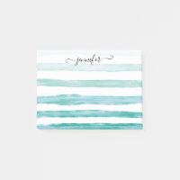 Modern Teal Green Watercolor Stripes Girly Script