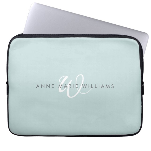 Modern Teal Green White Script Monogram Laptop Sleeve (Front)