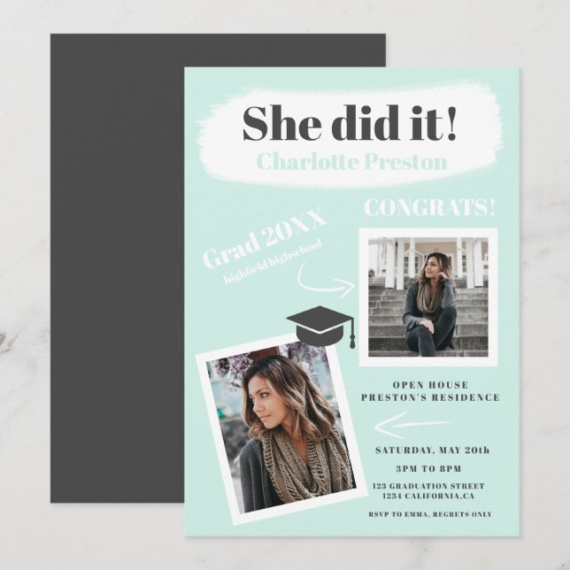 Modern teal grey brushstroke graduation 2 photos invitation (Front/Back)