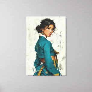 Modern Teal Hanbok Portrait Canvas Art