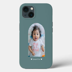 Modern Teal Hearts Name Arch Family Photo iPhone 13 Case