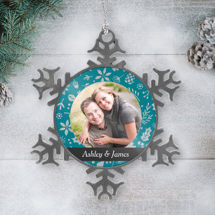 Modern Teal Holiday Foliage Couple Photo Snowflake Pewter Christmas Ornament