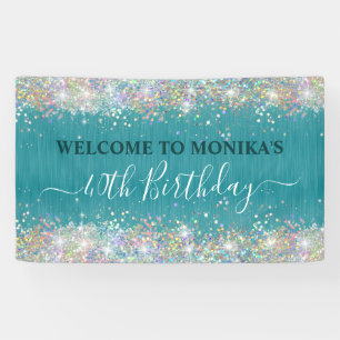 Modern Teal Holographic Faux Glitter Monogram Banner