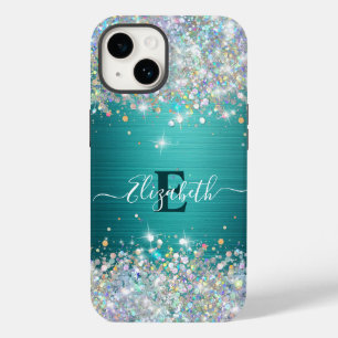 Modern Teal Holographic Faux Glitter Monogram Case-Mate iPhone 14 Case