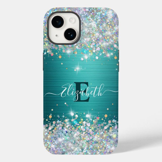 Modern Teal Holographic Faux Glitter Monogram Case-Mate iPhone Case (Back)