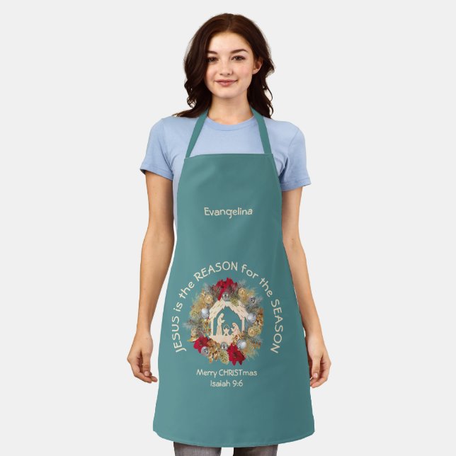 Modern Teal JESUS IS THE REASON Christmas Apron (Worn)