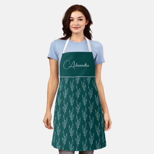 Modern Teal Leafy Floral Script Personalized Apron (Worn)