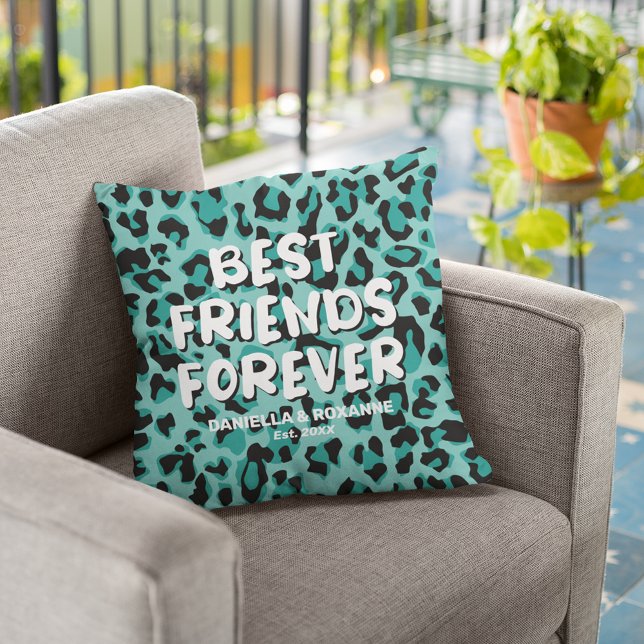 Modern Teal Leopard “Best Friends Forever” Throw Pillow (Creator Uploaded)