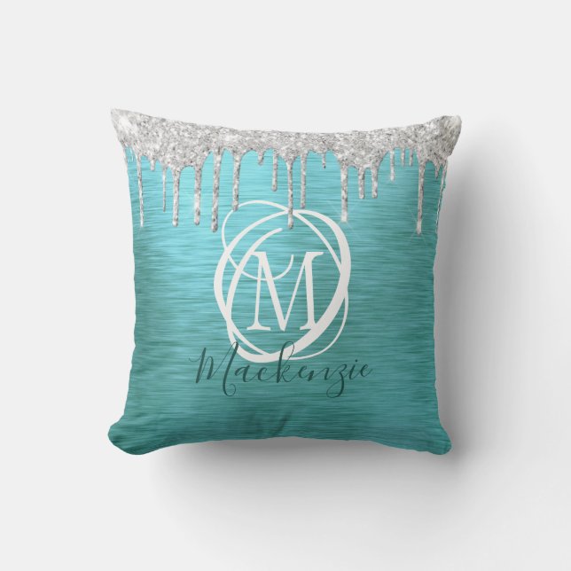 Modern Teal Metallic Silver Glitter Drip Monogram Throw Pillow (Front)