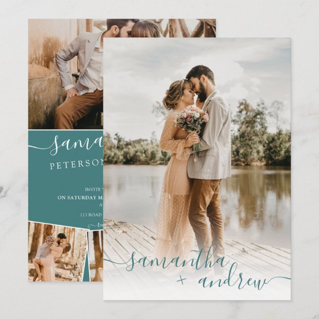 Modern teal minimalist script 5 photos wedding invitation (Front/Back)