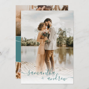 Modern teal minimalist script 5 photos wedding invitation