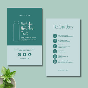 Modern Teal Minimalist Tumbler Care Instructions Business Card