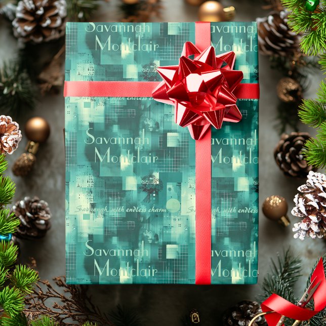 Modern Teal Monochromatic Pattern with Silver Wrapping Paper (Creator Uploaded)