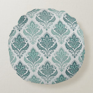 Modern Teal Nordic Damask Round Pillow