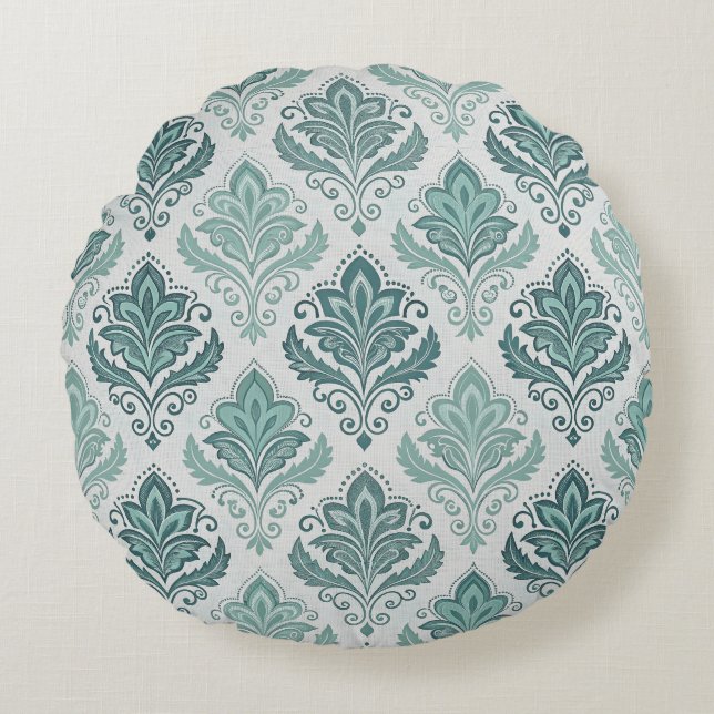 Modern Teal Nordic Damask Round Pillow (Front)