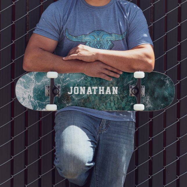 Modern Teal Ocean Waves Aerial Personalized Skateboard (Outdoor 3)