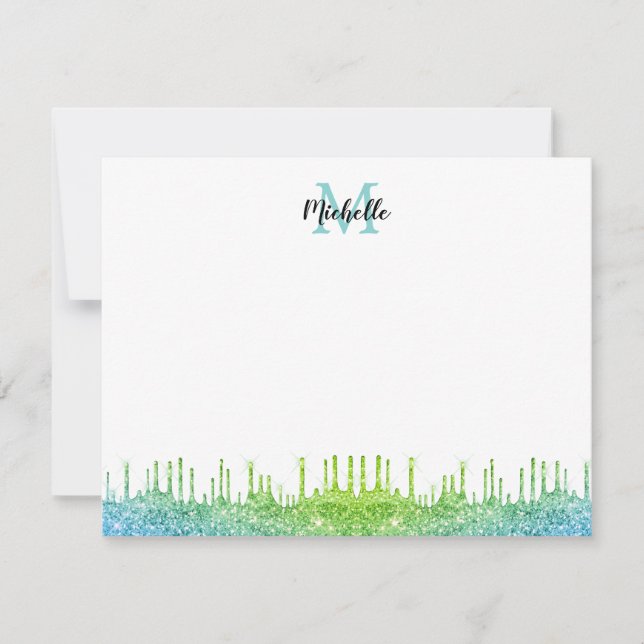 Modern Teal Ombre Glitter Drips Script Monogrammed Card (Front)