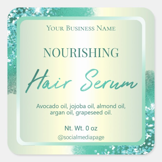Modern Teal On Holographic Hair Serum Labels (Front)