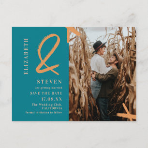Modern teal orange ampersand photo save the date postcard