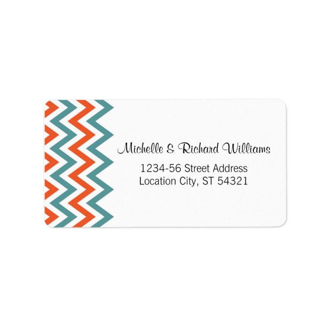 Modern Teal & Orange Chevron & Lovebirds Wedding Label (Front)