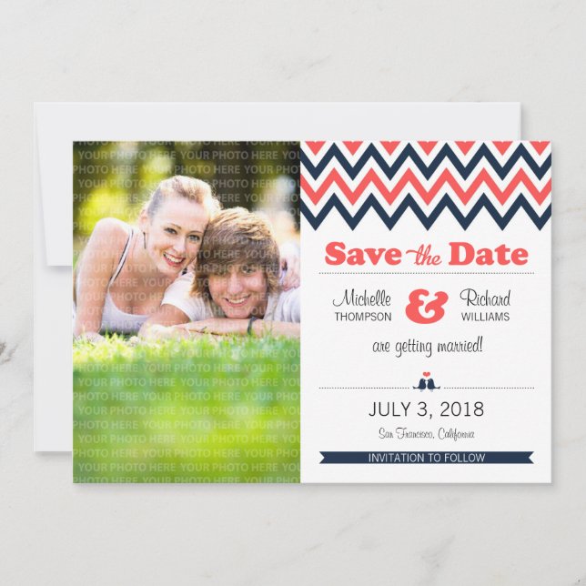 Modern Teal & Orange Chevron Photo Save the Date (Front)