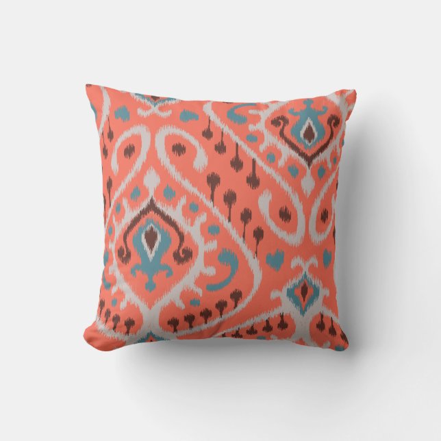 Modern teal orange girly ikat tribal pattern throw pillow (Front)